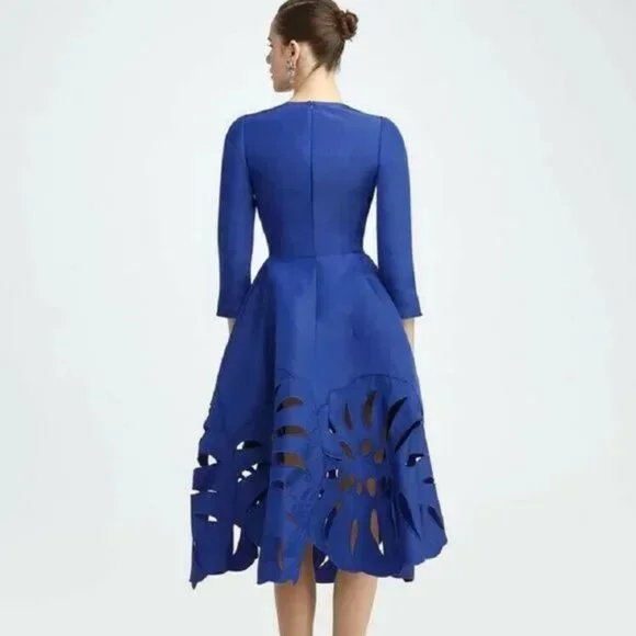 °$4,590 NEW OSCAR DE LA RENTA BLUE SILK LEAF MIDI DRESS US 8